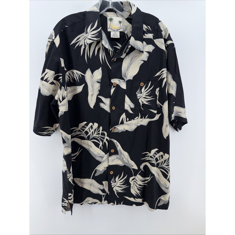 Vintage Banana Cabana Mens Size large Blackβ Gray 100% Silk Short Sleeve Shirt